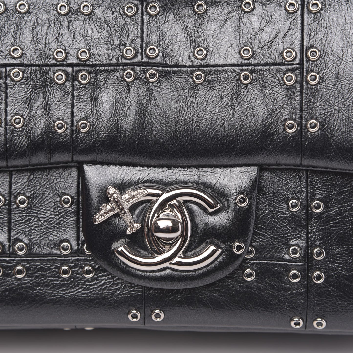 Glazed Calfskin Grommet Embellished Mini Airline Rectangular Flap Black