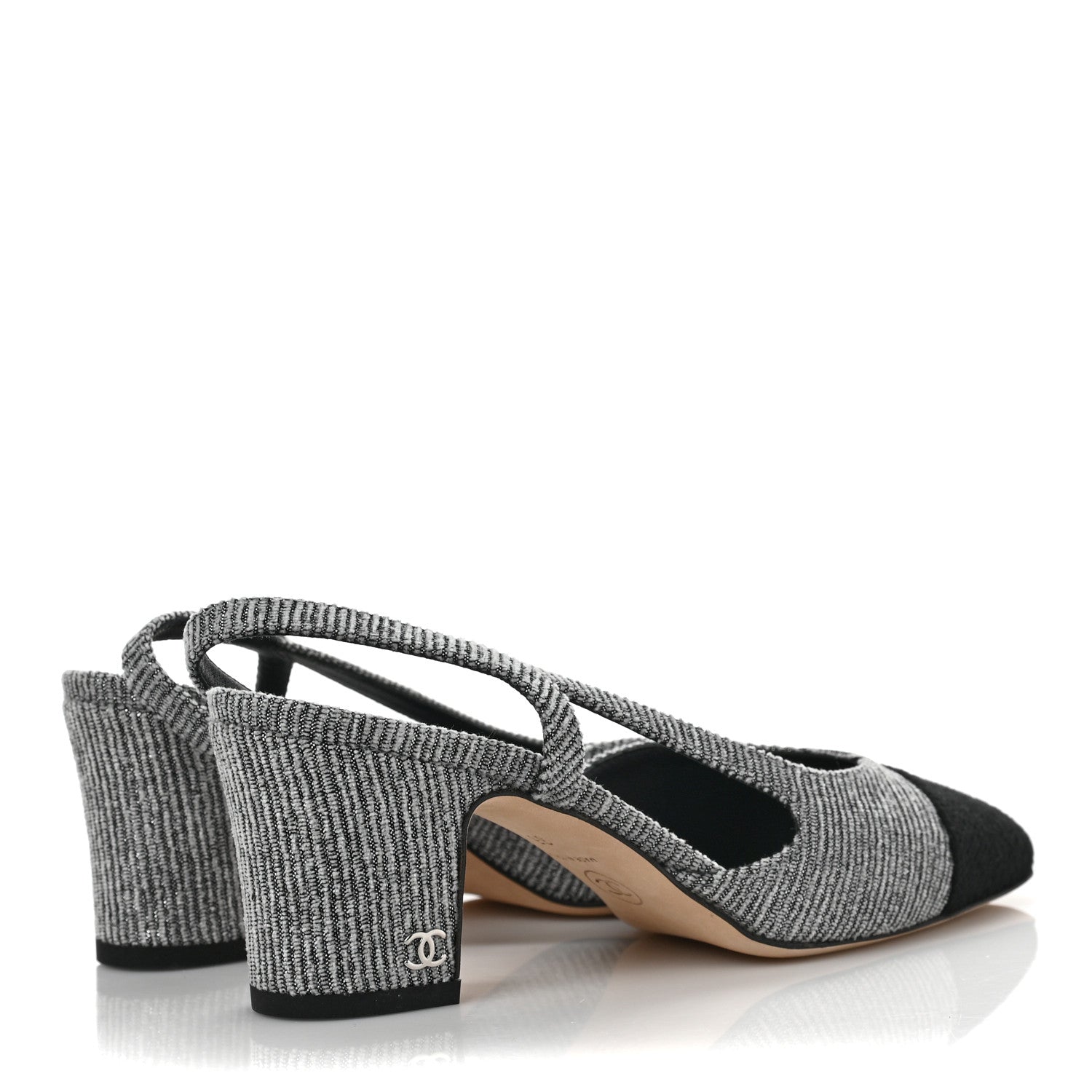 Chanel Tweed Cap Toe CC Slingback Pumps 35 Black Grey 4 of 7