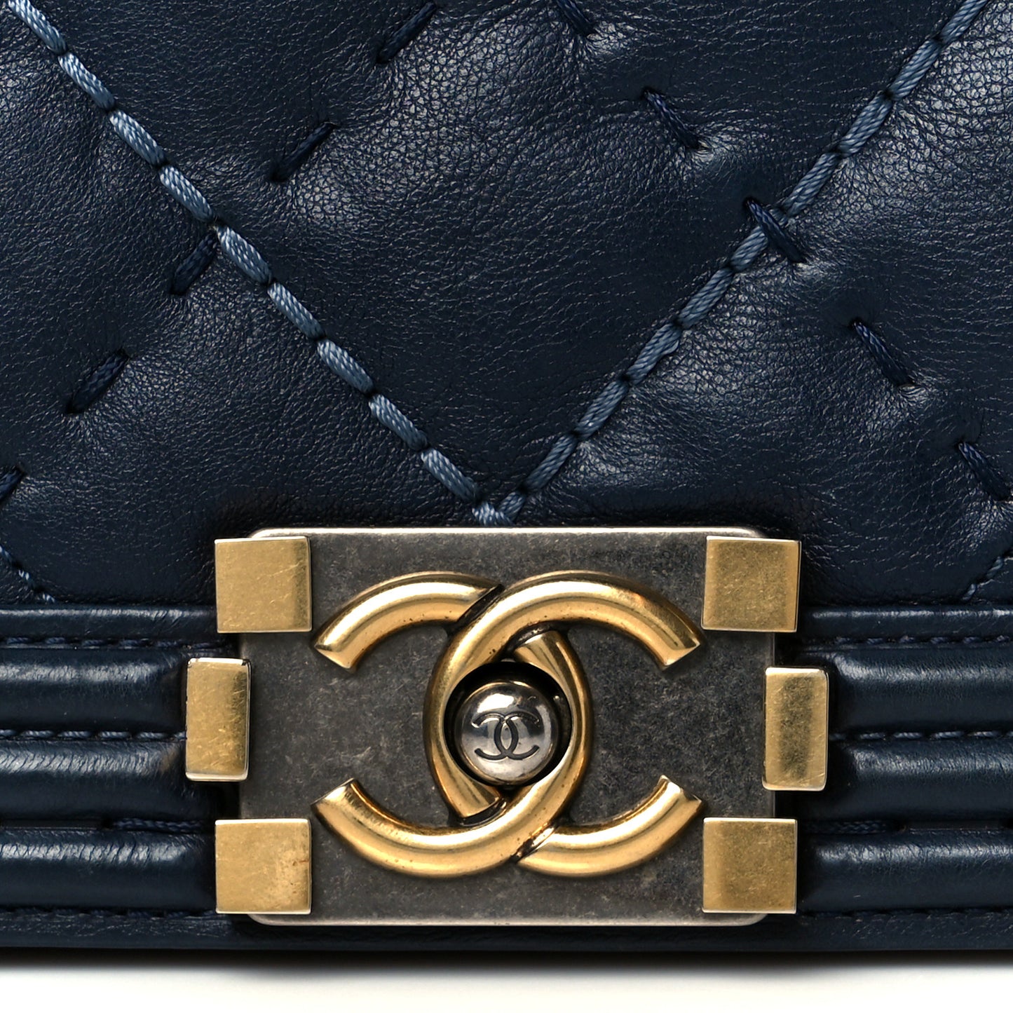 Calfskin Quilted Double Stitch Medium Boy Flap Navy Blue