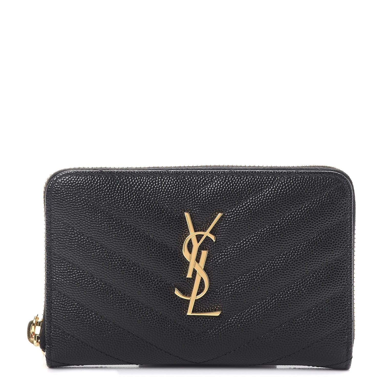 Saint Laurent Grain De Poudre Matelasse Chevron Monogram Zip Around Wallet Black 1 of 8