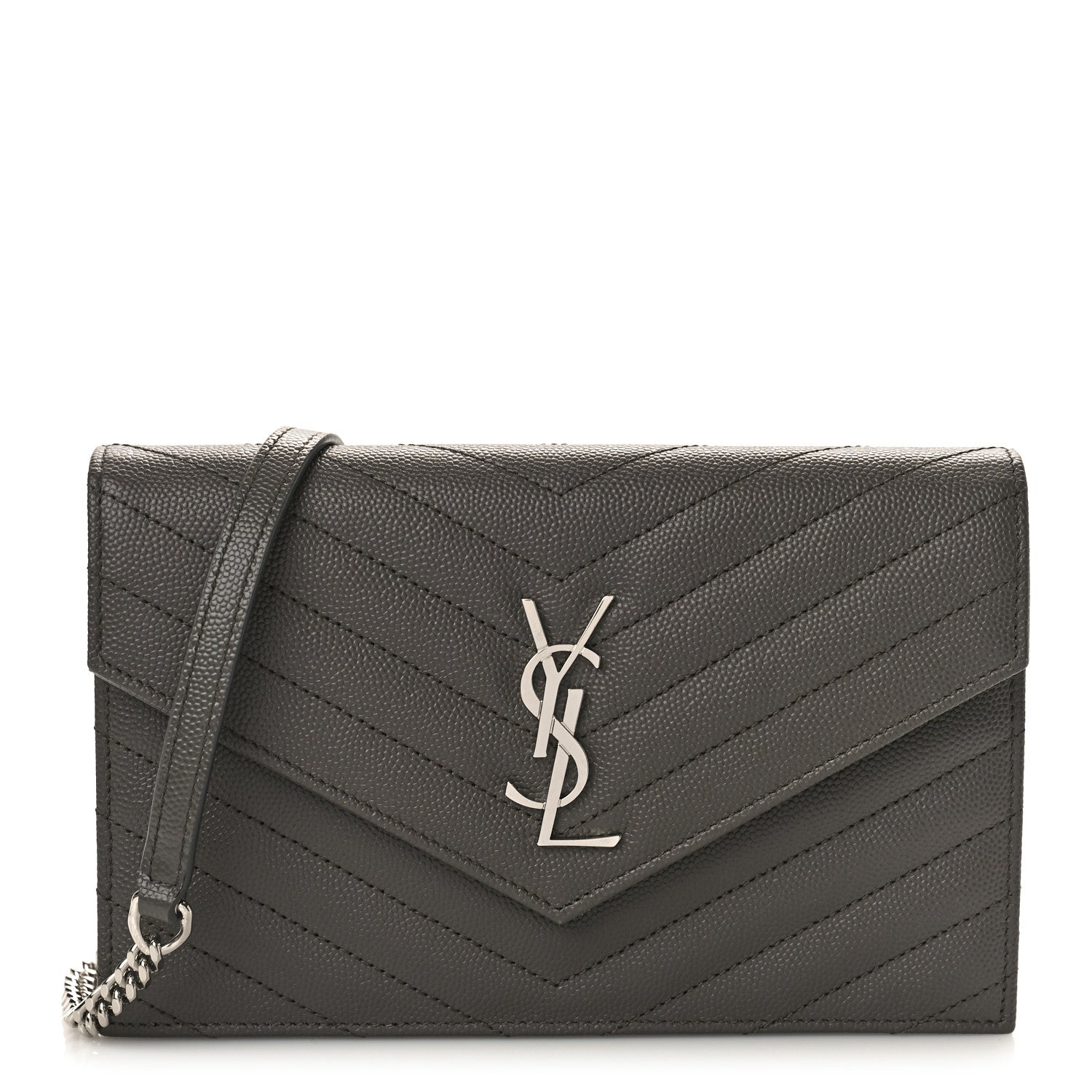 Saint Laurent Grain De Poudre Matelasse Chevron Monogram Envelope Chain Wallet Coal 1 of 8