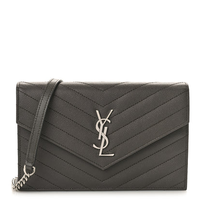 Saint Laurent Grain De Poudre Matelasse Chevron Monogram Envelope Chain Wallet Coal 1 of 8