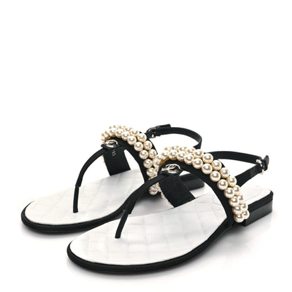 Chanel Grosgrain Pearl CC Sandals 38.5 Black 3 of 10