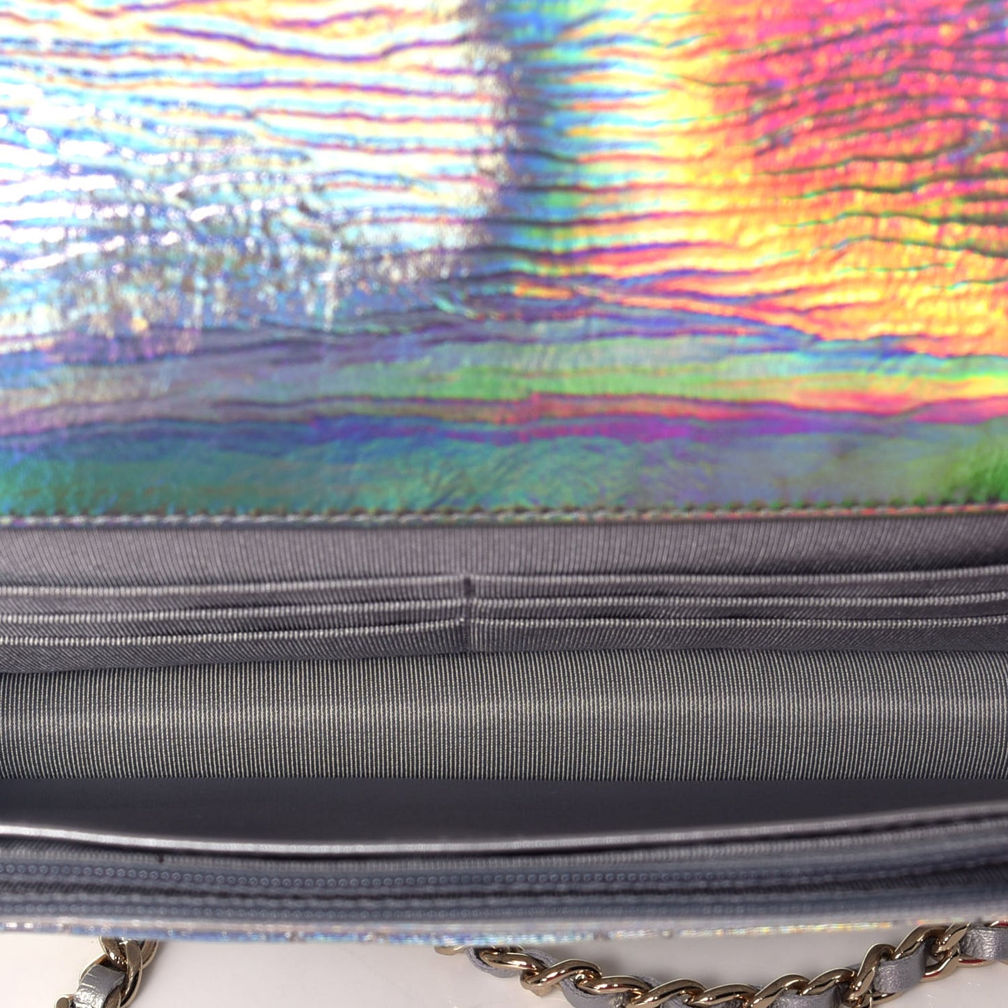 Iridescent Goatskin Quilted Wallet On Chain WOC Silver