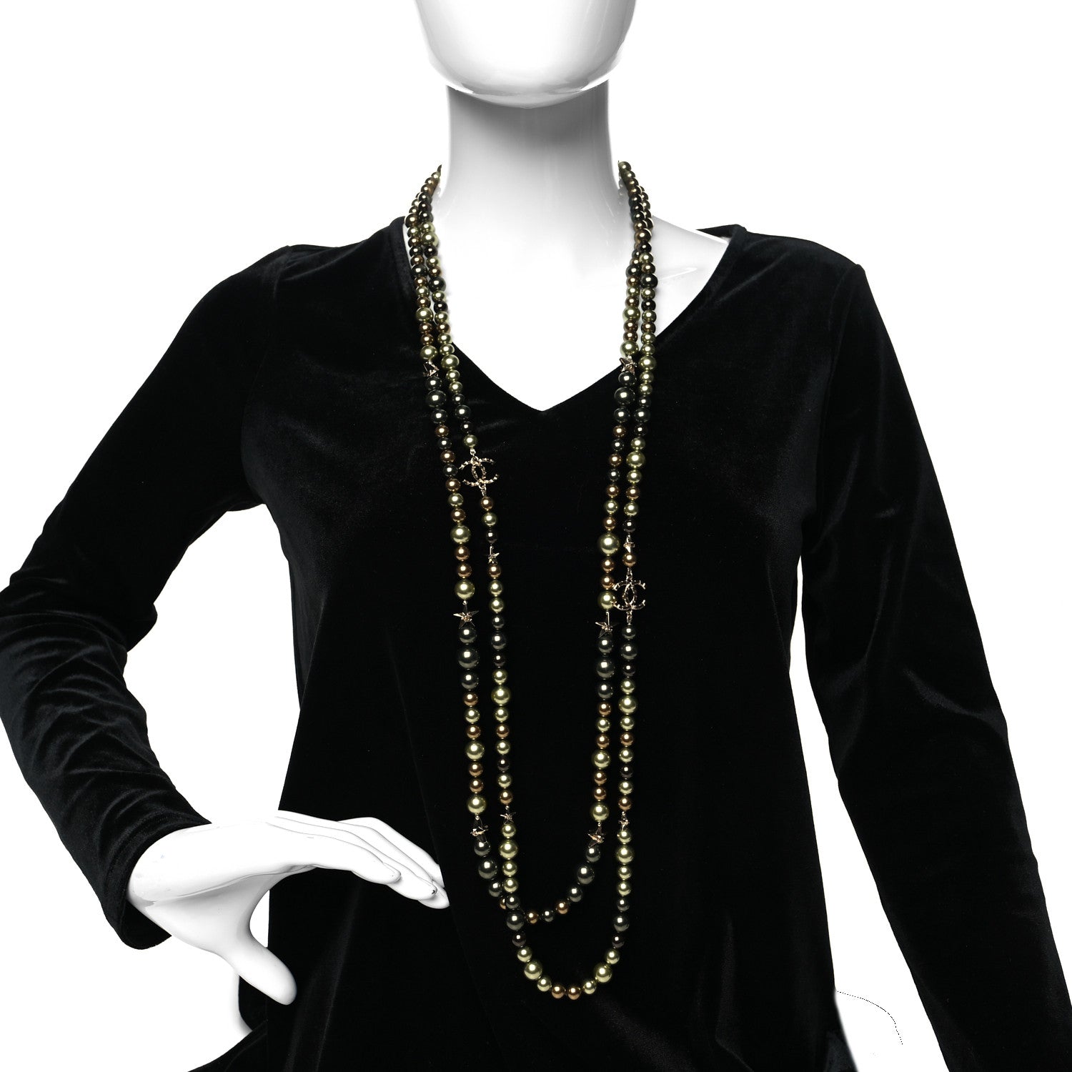 Chanel Pearl Star CC Multi Strand Long Necklace Green Gold 2 of 5