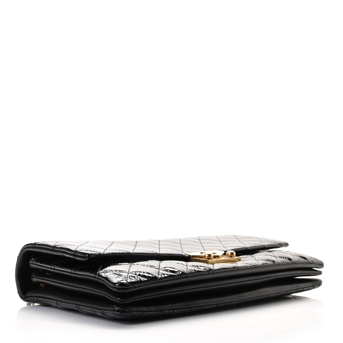 Patent Goatskin Quilted 3 Pocket Accordion Flap Black