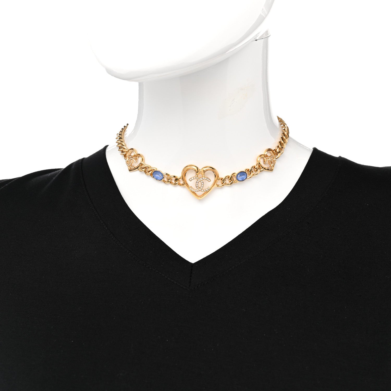 Chanel Resin Crystal Heart CC Chain Necklace Gold Blue 2 of 9