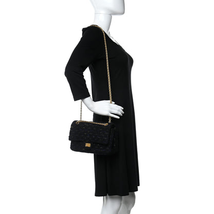 Chanel Tweed Quilted 2.55 Reissue 225 Flap Black Gold Navy 2 of 11