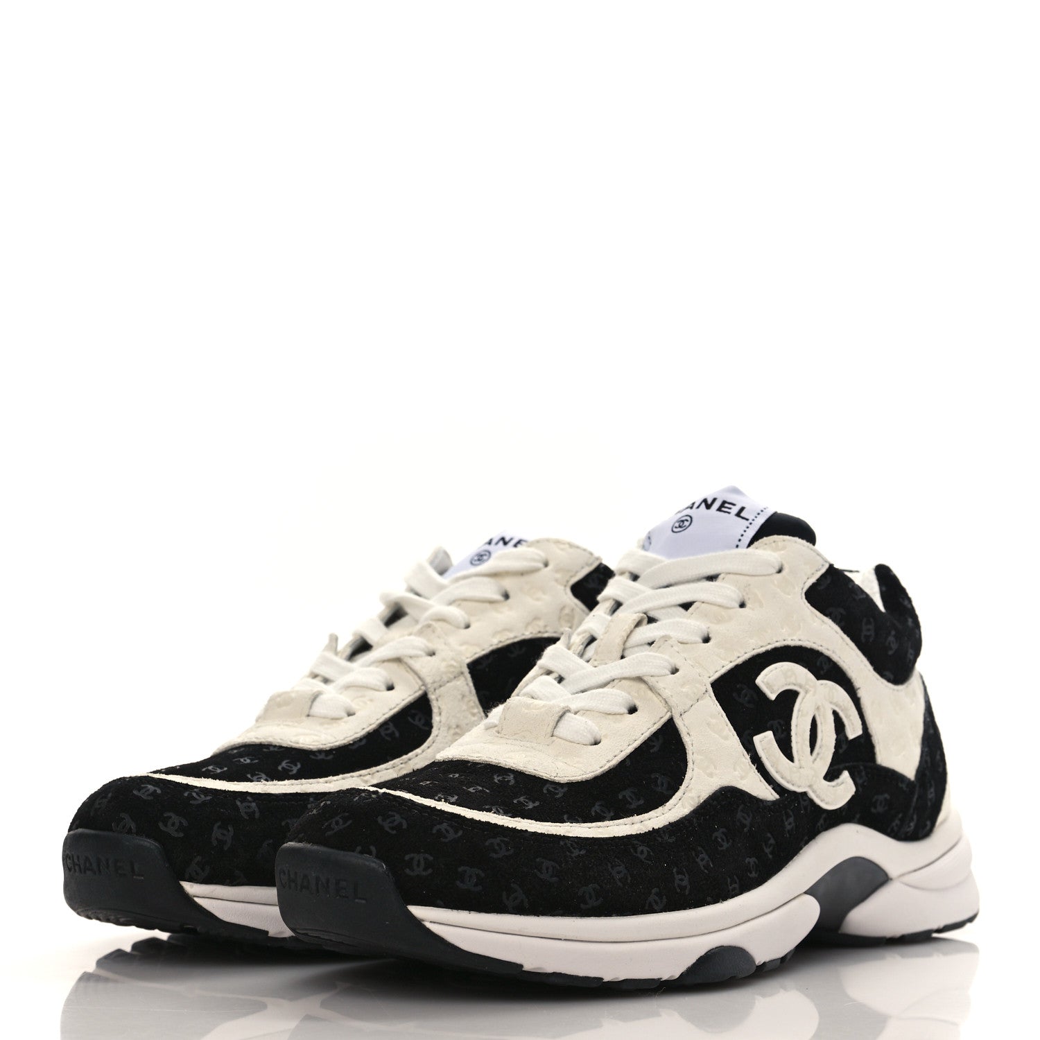 Chanel Suede Calfskin Printed CC Sneakers 38.5 Black White 3 of 8