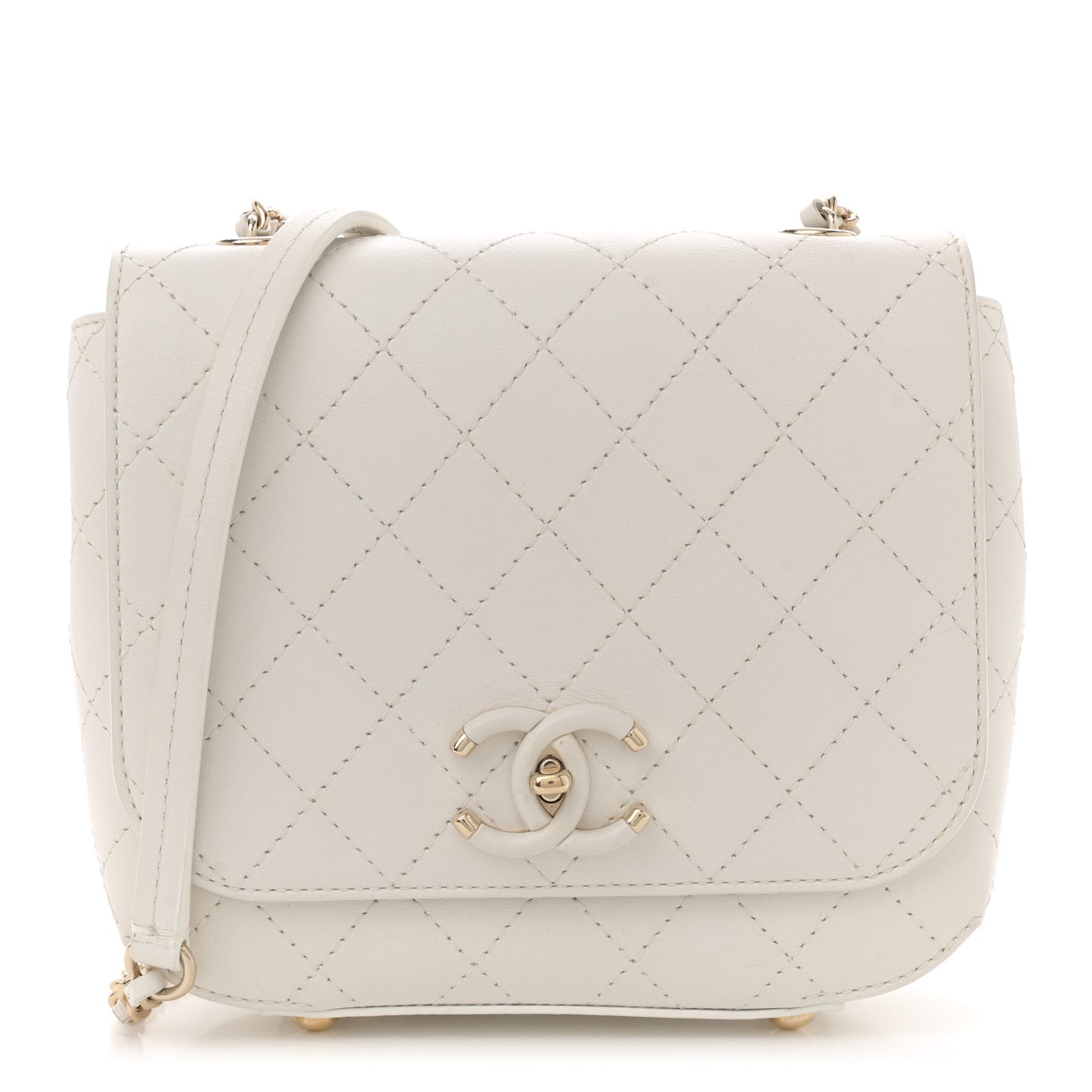 Calfskin Stitched Small Covered CC Flap Bag White
