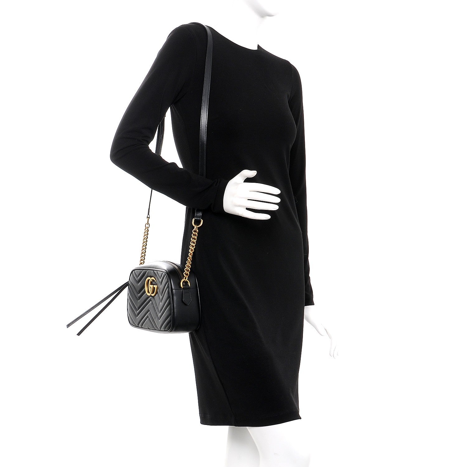 Gucci Calfskin Matelasse Small GG Marmont Chain Shoulder Bag Black 2 of 8
