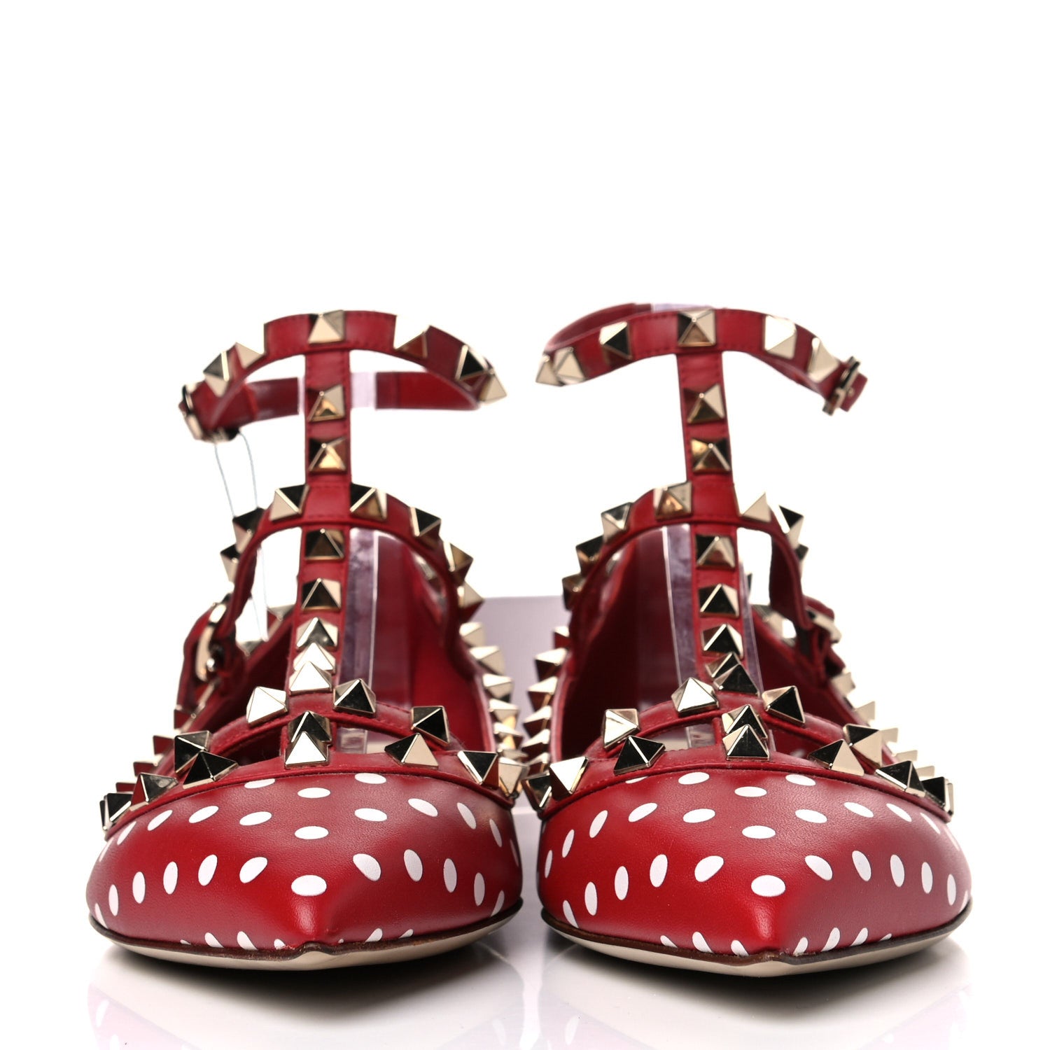 Valentino Garavani Calfskin Polka Dot Print Rockstud Cage Ballerina Flats 37.5 Red White 2 of 11
