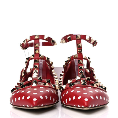 Valentino Garavani Calfskin Polka Dot Print Rockstud Cage Ballerina Flats 37.5 Red White 2 of 11
