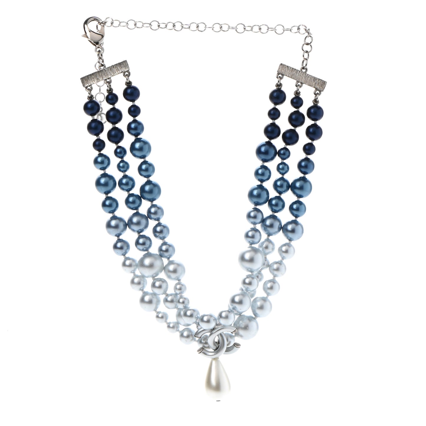 Pearl Beaded CC Multi Strand Choker Necklace Blue Silver