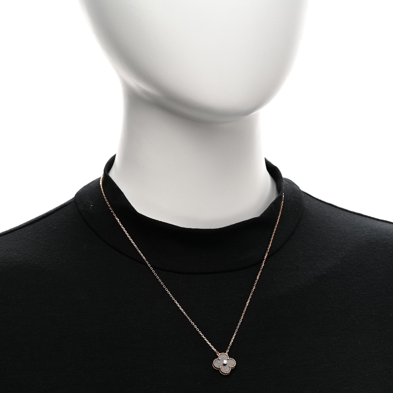 Van Cleef & Arpels 18K Rose Gold Diamond Silver Obsidian Vintage Alhambra Pendant Necklace 2 of 5
