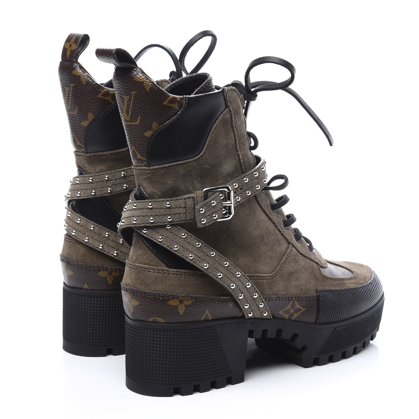 Suede Calfskin Monogram Laureate Platform Desert Boots 38 Kaki