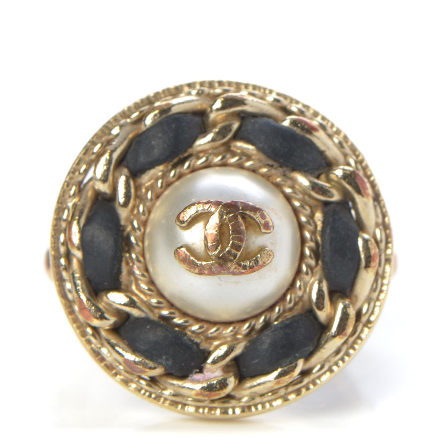 Pearl Lambskin CC Chain Ring Gold 6.5