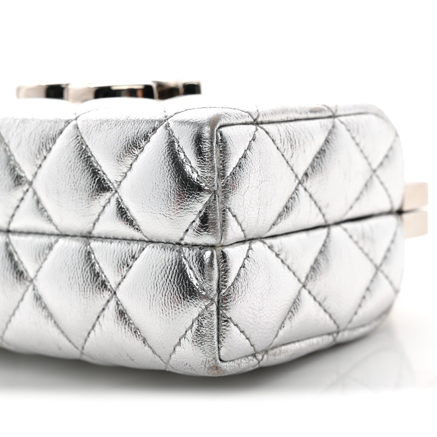 Metallic Calfskin Quilted Box Crossbody Silver