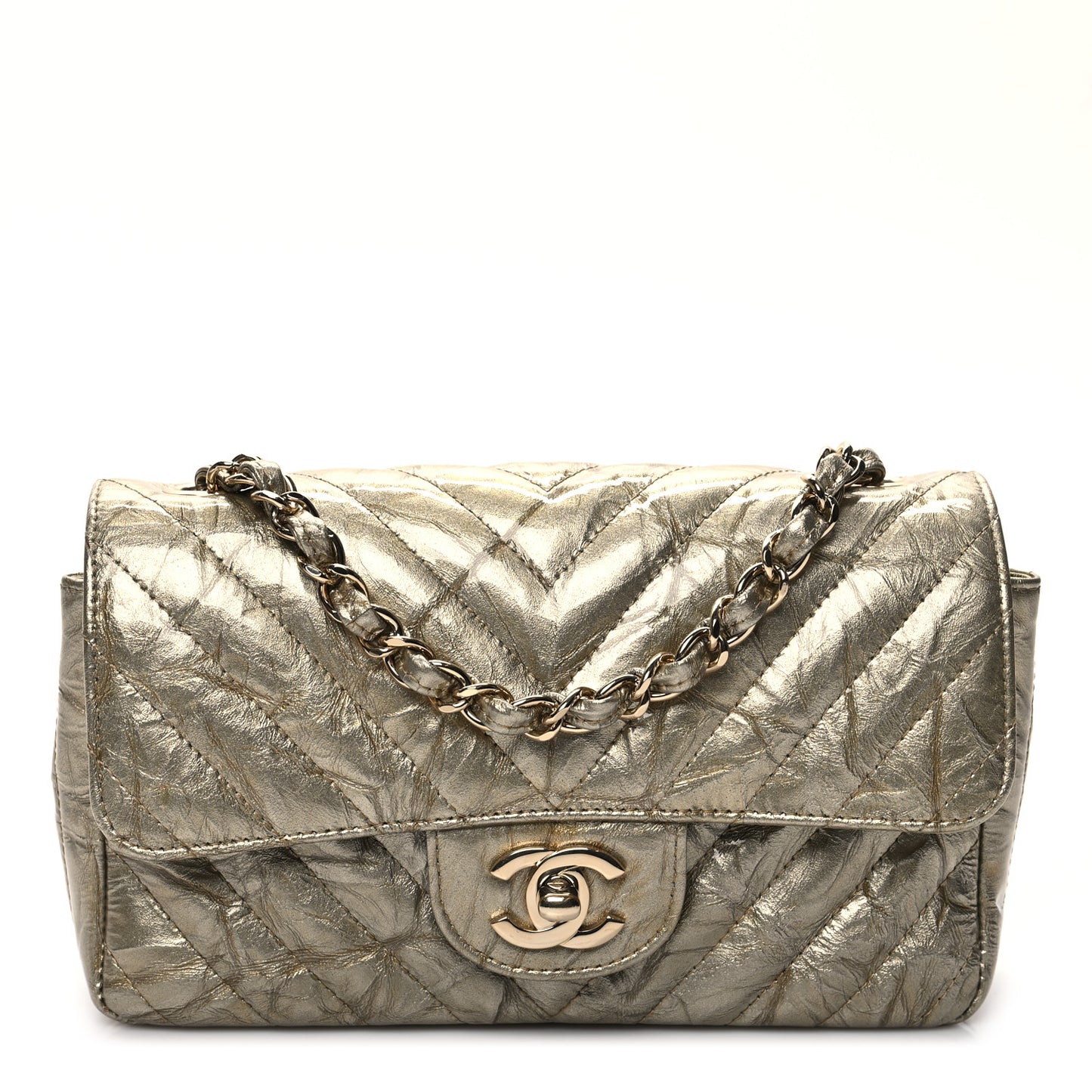 Patent Metallic Crumpled Calfskin Chevron Quilted Mini Rectangular Flap Gold