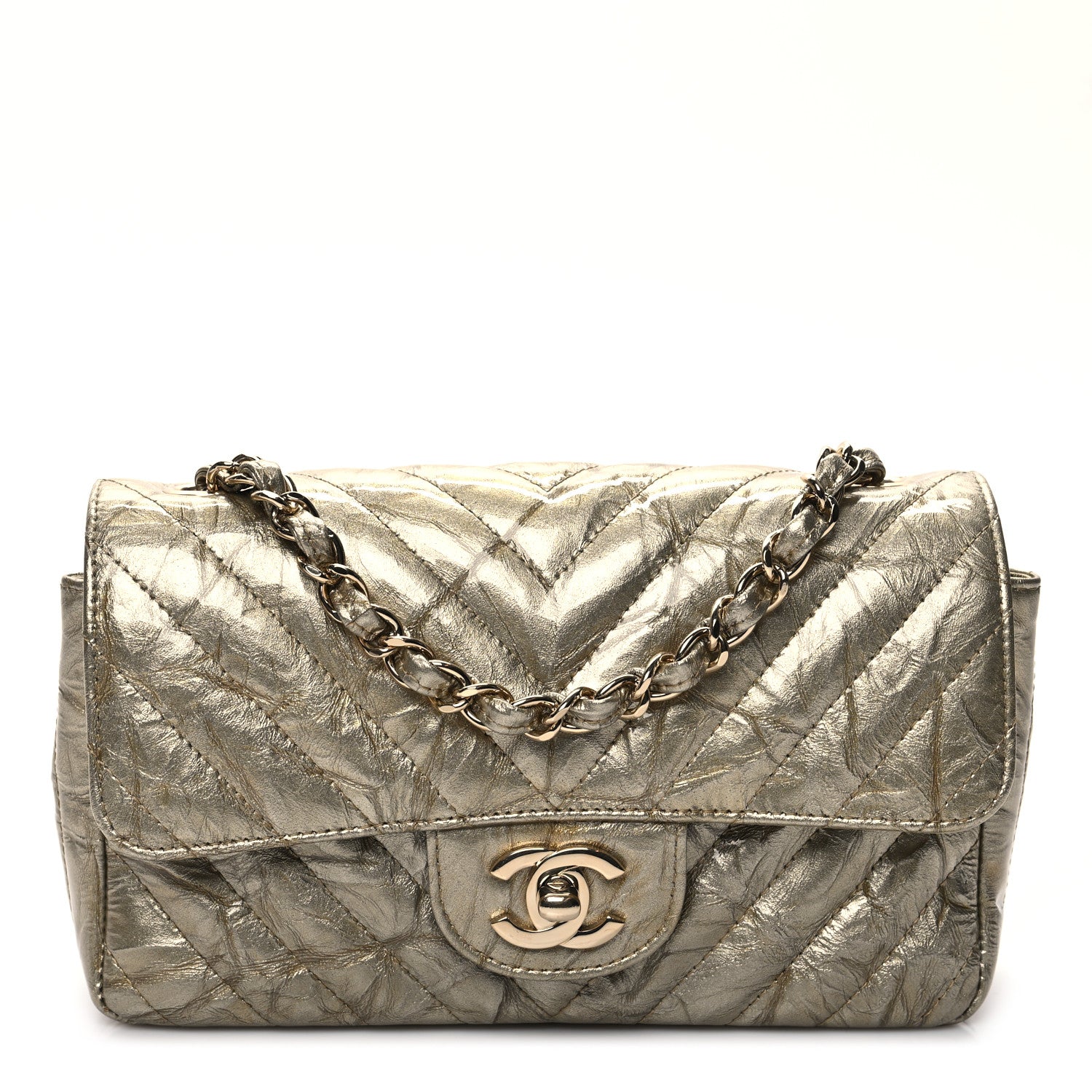 Chanel Patent Metallic Crumpled Calfskin Chevron Quilted Mini Rectangular Flap Gold 1 of 9
