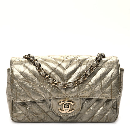 Chanel Patent Metallic Crumpled Calfskin Chevron Quilted Mini Rectangular Flap Gold 1 of 9