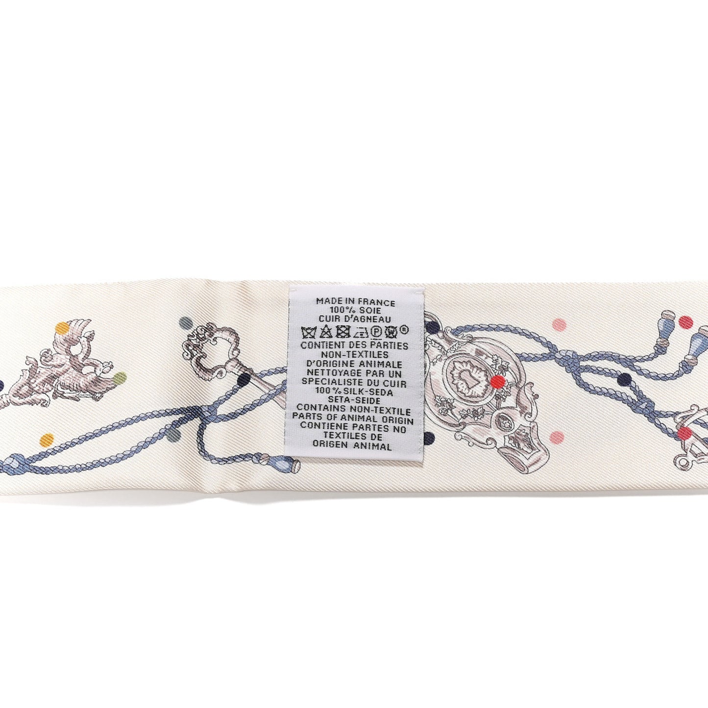 Silk Calfskin Les Cles A Pois Fringed Twilly Creme Gris Perle Multicolor