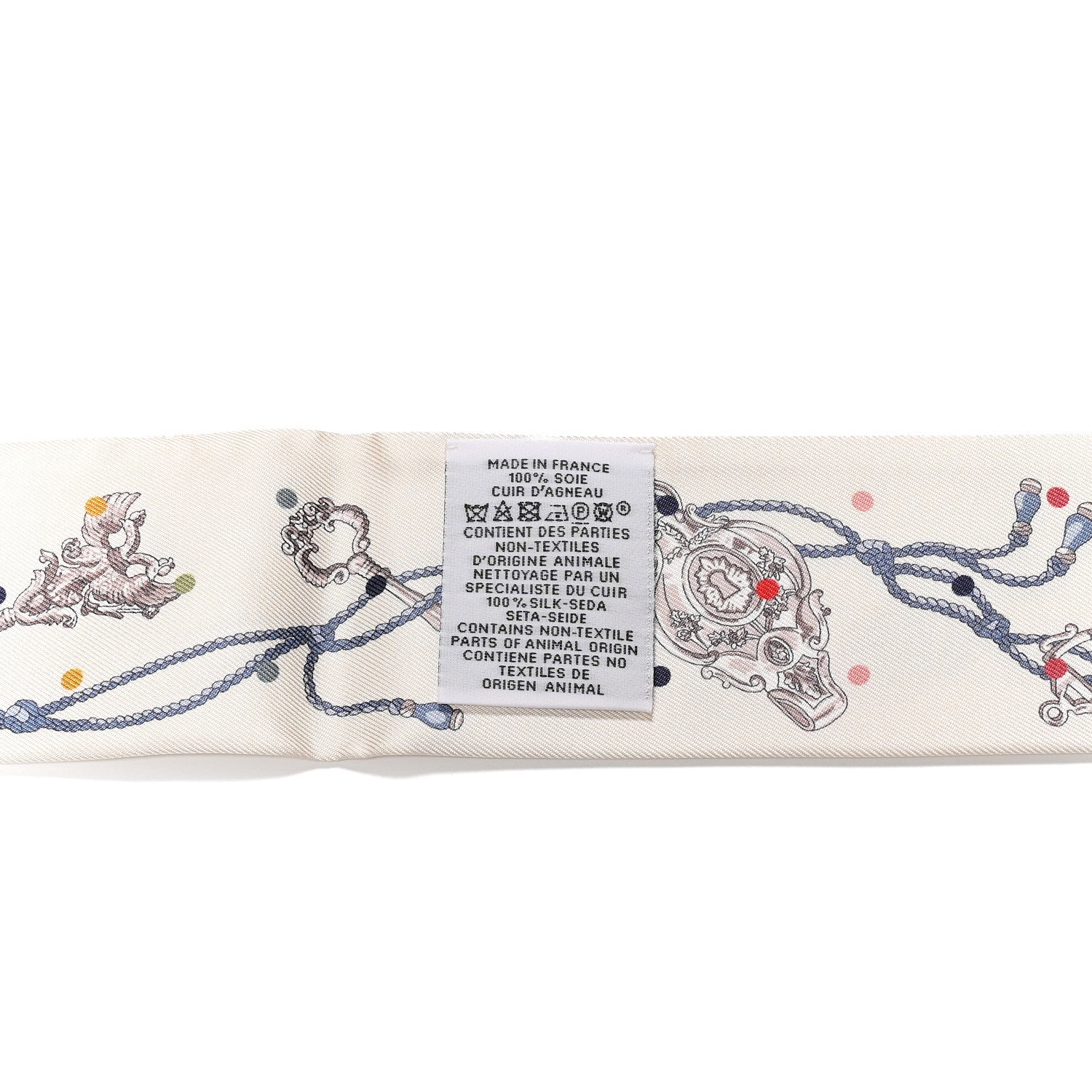 Hermes Silk Calfskin Les Cles A Pois Fringed Twilly Creme Gris Perle Multicolor 3 of 4