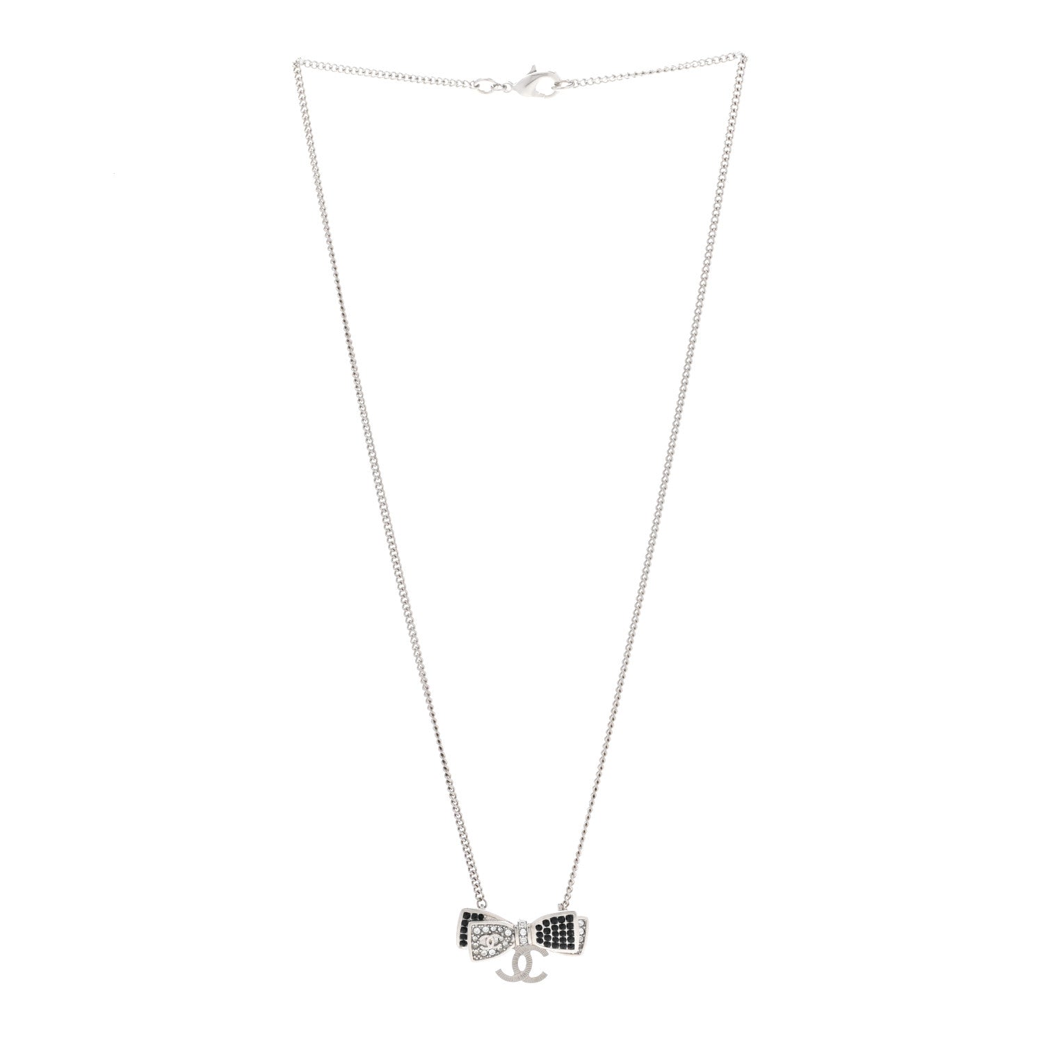 Chanel Crystal CC Bow Necklace Silver Black 3 of 6