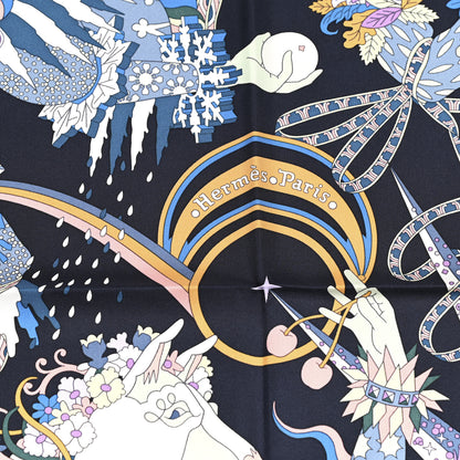 Hermes Silk Twill La Sacre Des Saisons Scarf 90 Bleu Black Ciel Rose 2 of 6