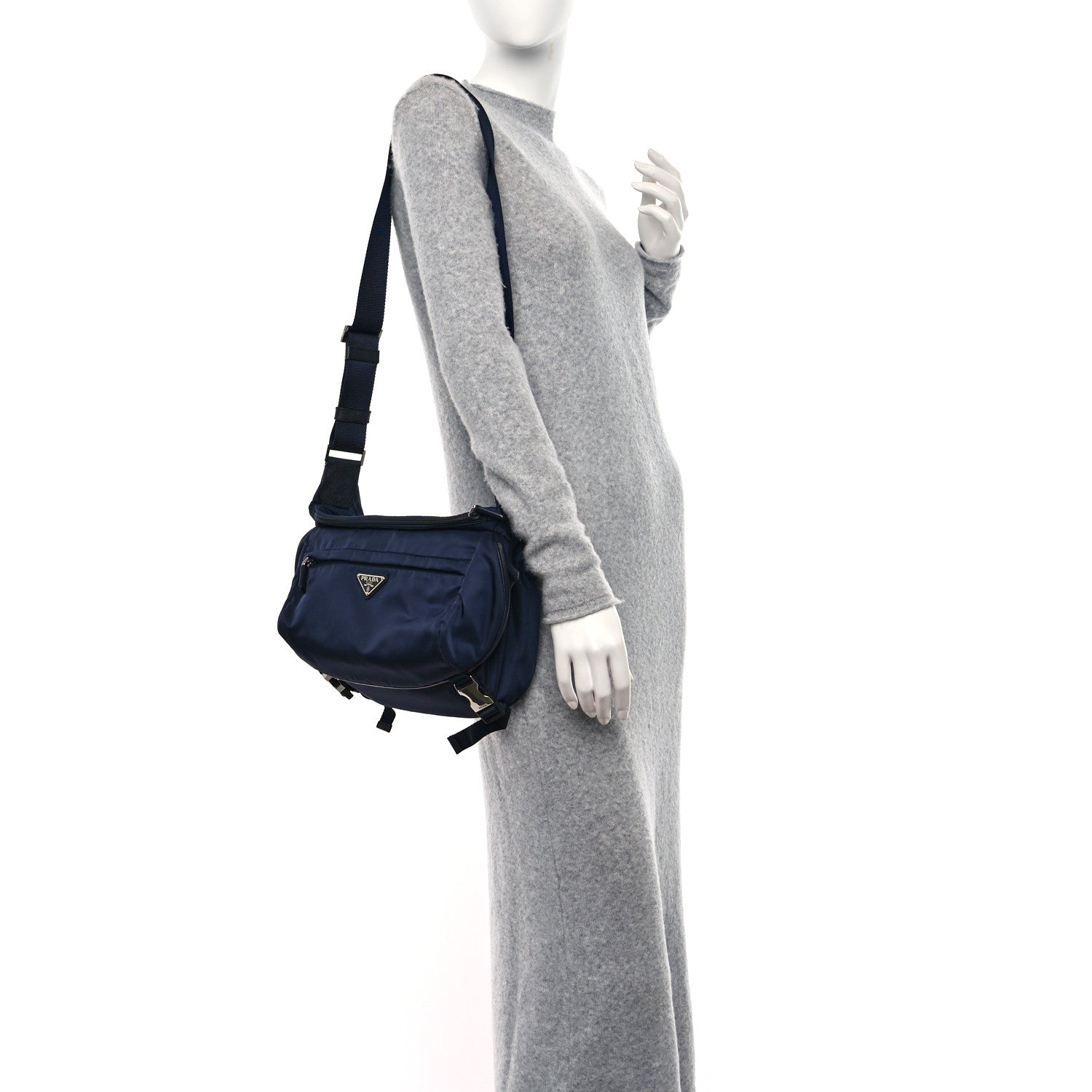 Prada Re-Nylon Saffiano Double Snap Buckle Zip Flap Shoulder Bag Bleu 2 of 12