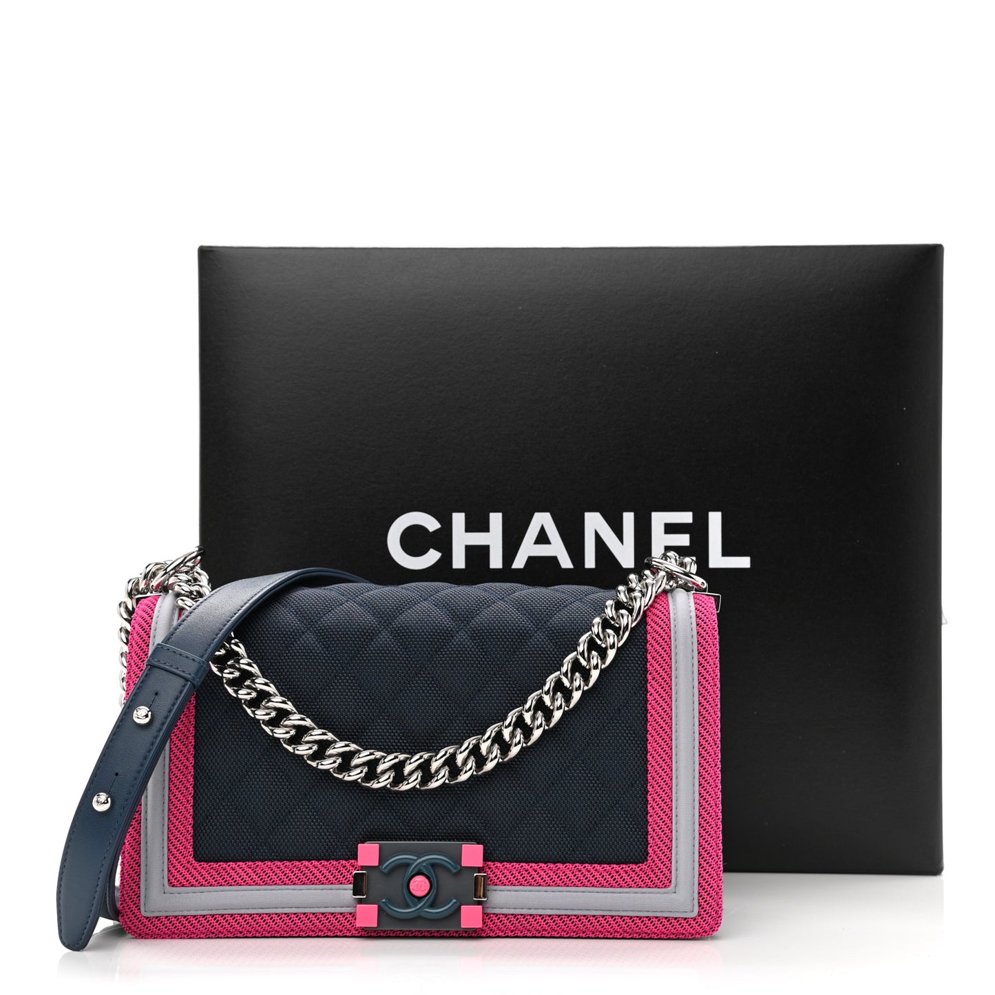 Canvas Quilted Medium Fluo Boy Flap Dark Navy Fuchsia Grey