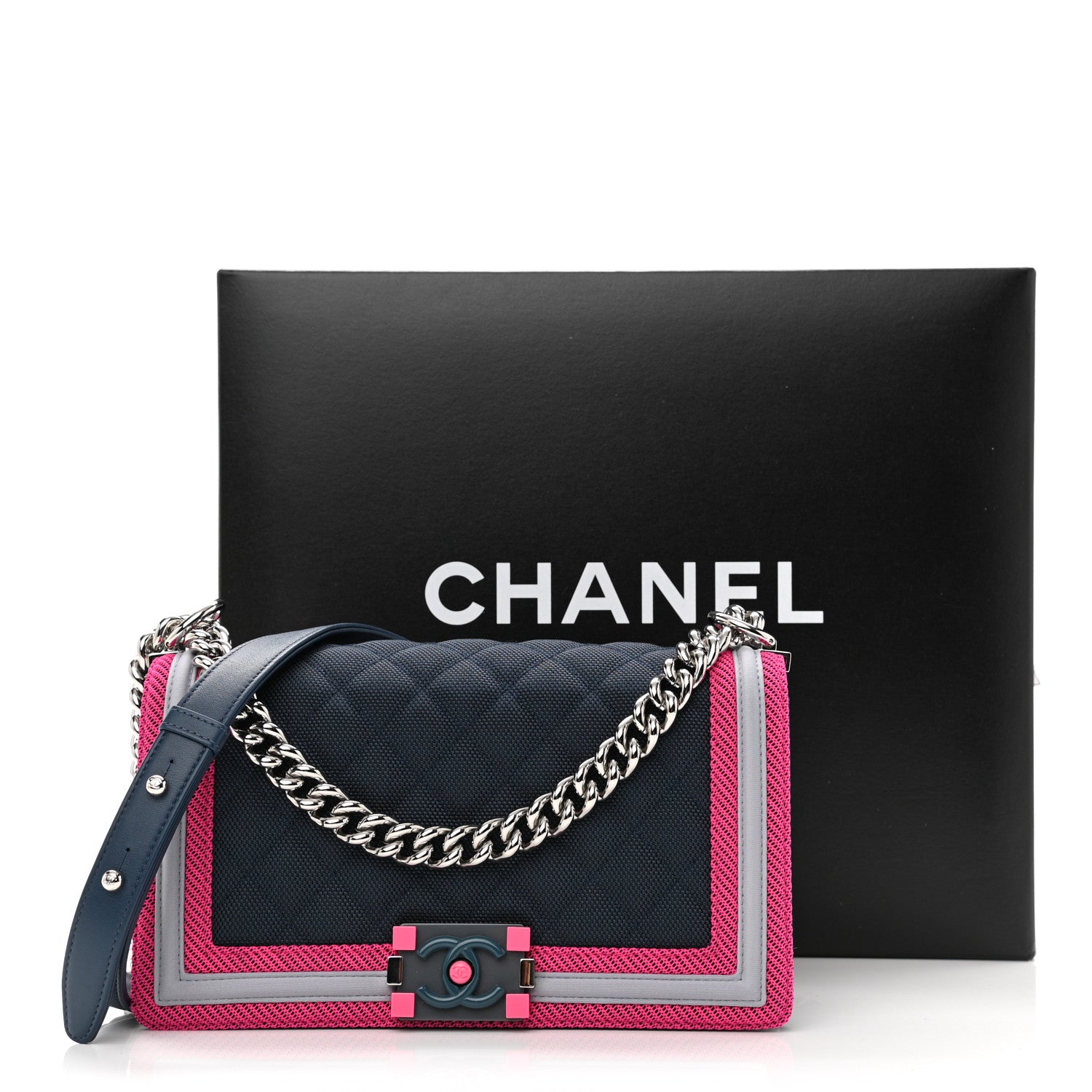 Chanel Canvas Quilted Medium Fluo Boy Flap Dark Navy Fuchsia Grey 12 of 12