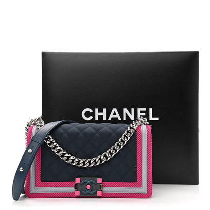 Chanel Canvas Quilted Medium Fluo Boy Flap Dark Navy Fuchsia Grey 12 of 12