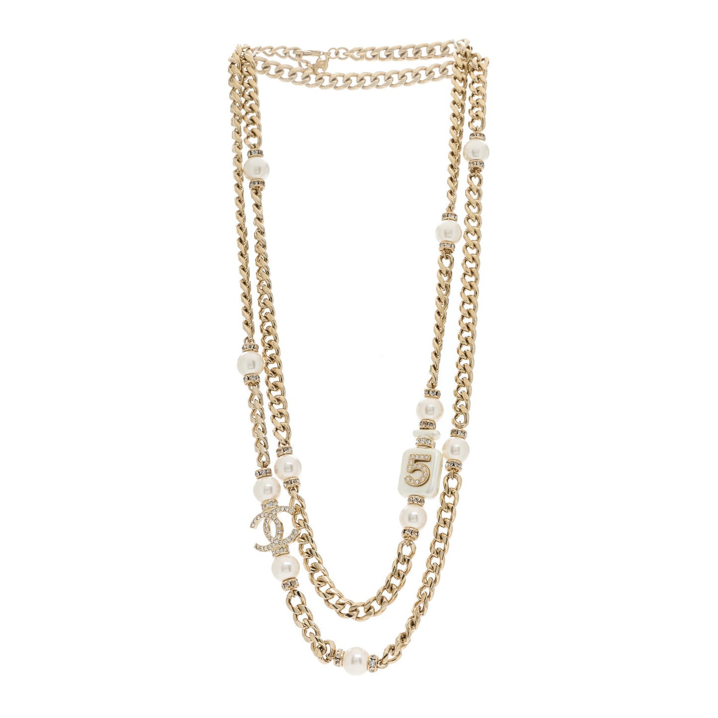 Resin Crystal CC No 5 Perfume Bottle Long Necklace Gold Pearly White