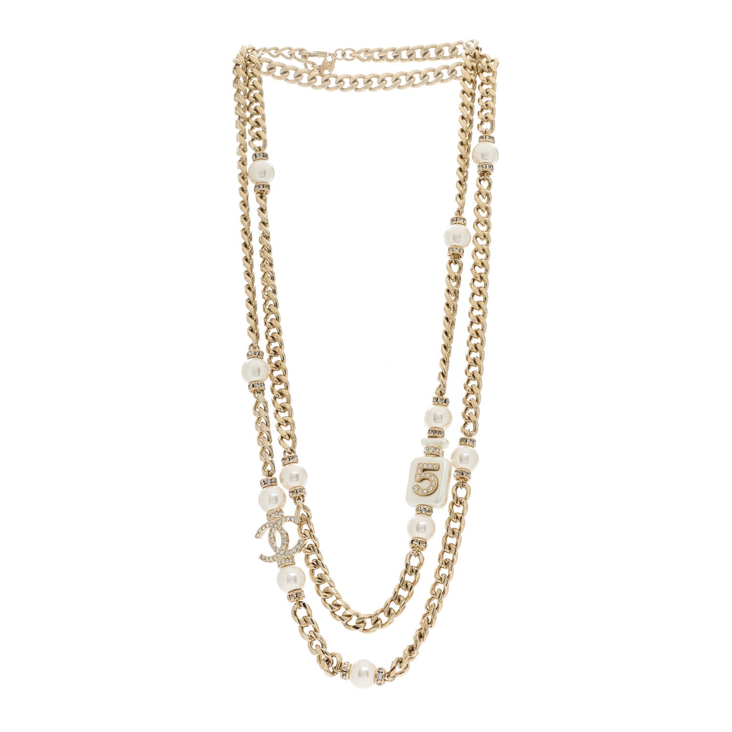 Chanel Resin Crystal CC No 5 Perfume Bottle Long Necklace Gold Pearly White 2 of 5
