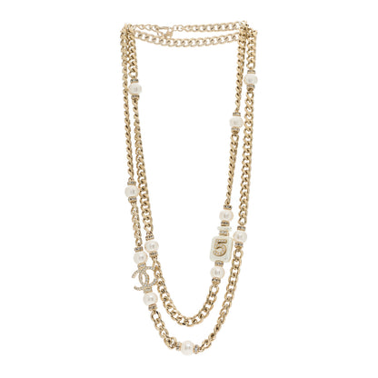 Chanel Resin Crystal CC No 5 Perfume Bottle Long Necklace Gold Pearly White 2 of 5