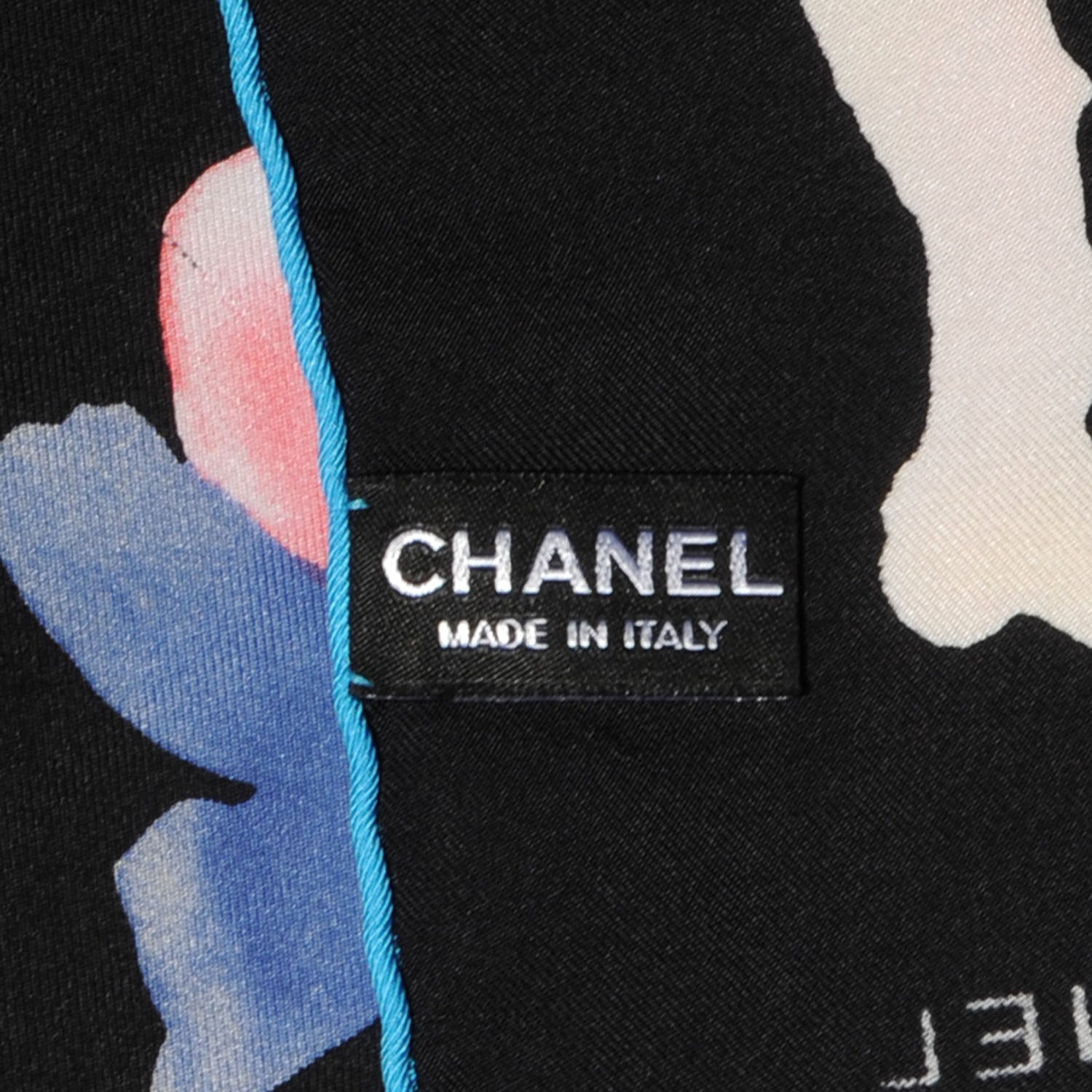 Chanel Silk CC Watercolor Camellia Flower Scarf Black 4 of 5