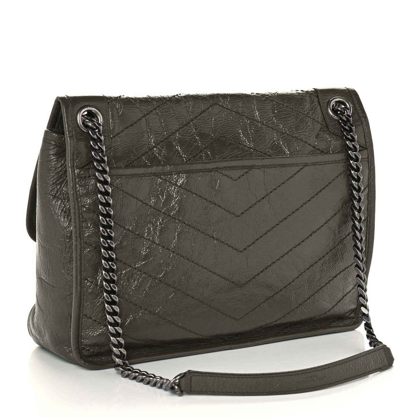Crinkled Calfskin Matelasse Monogram Medium Niki Chain Satchel Military Olive