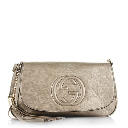 Gucci Metallic Pebbled Calfskin Medium Soho Flap Crossbody Golden Beige 1 of 7