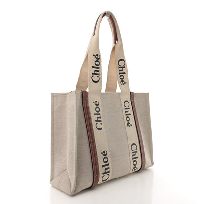 Chloe Linen Calfskin Medium Woody Ribbon Tote White Brown 3 of 12