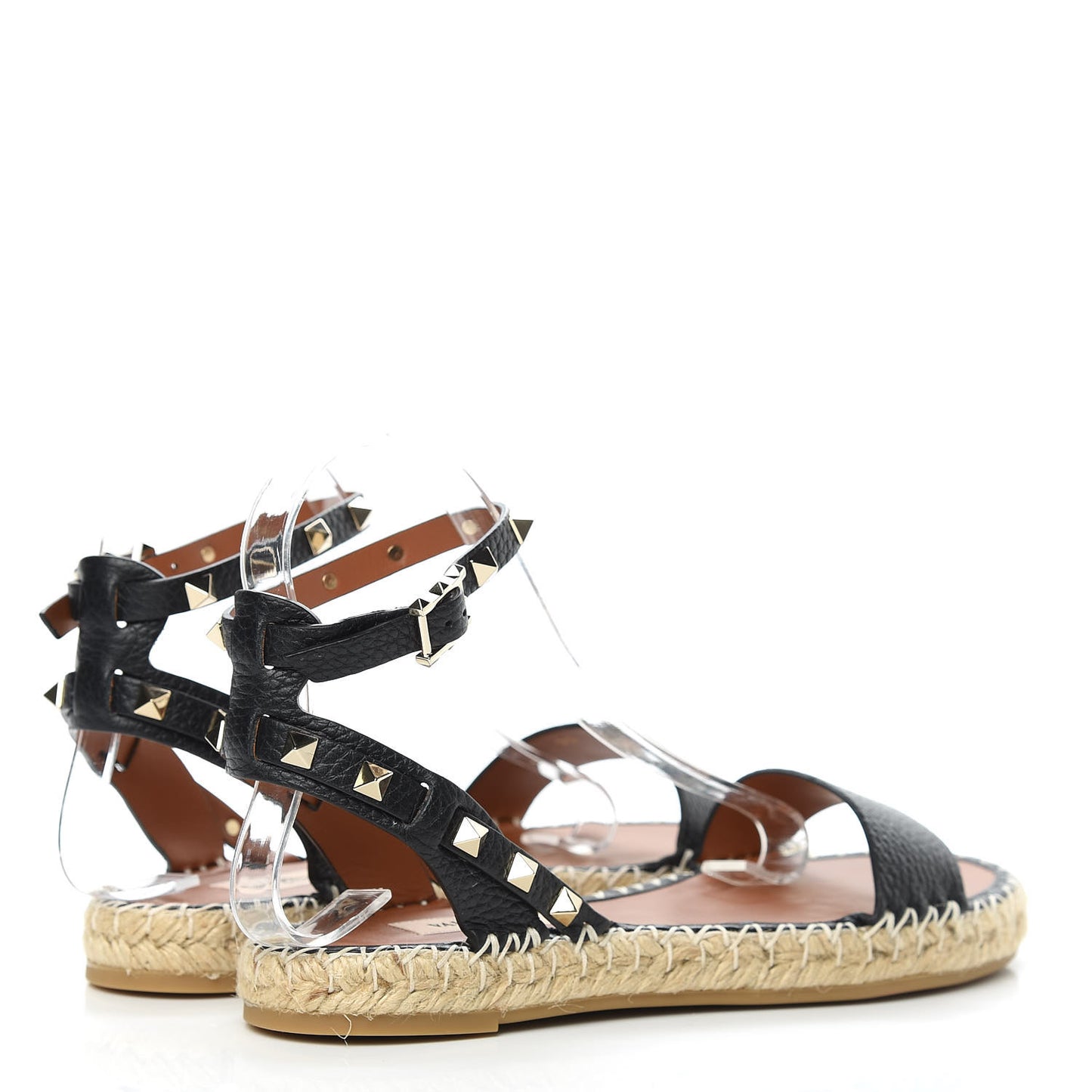 Grained Calfskin Rockstud Ankle Strap Espadrille Flat Sandals 37 Black