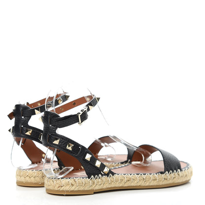 Valentino Garavani Grained Calfskin Rockstud Ankle Strap Espadrille Flat Sandals 37 Black 4 of 8