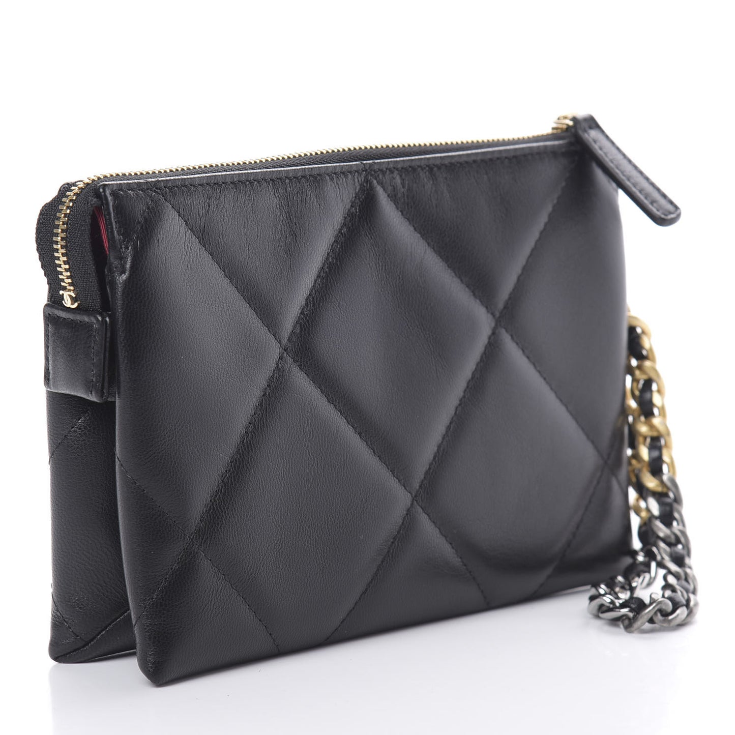 Shiny Goatskin Quilted Small Chanel 19 Pouch With Handle Black