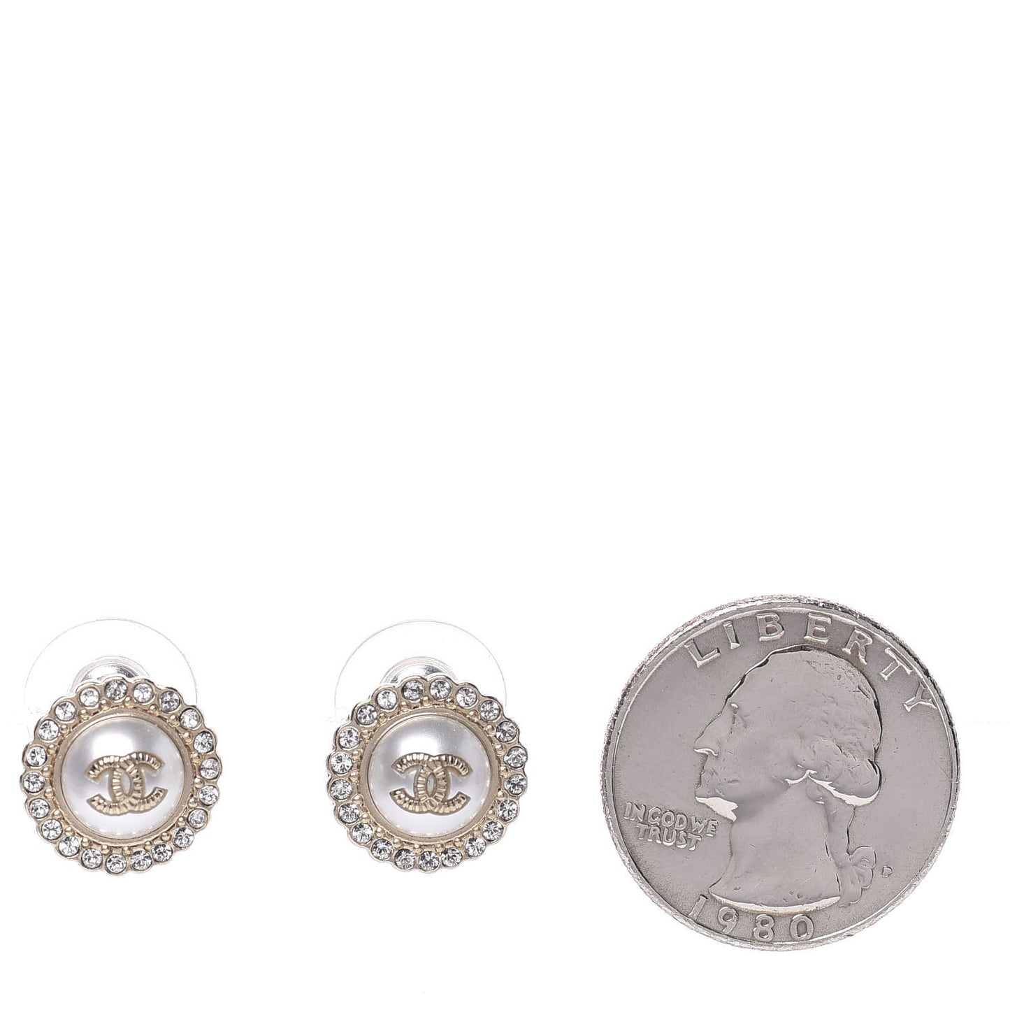 Metal Pearl Crystal CC Round Earrings Light Gold
