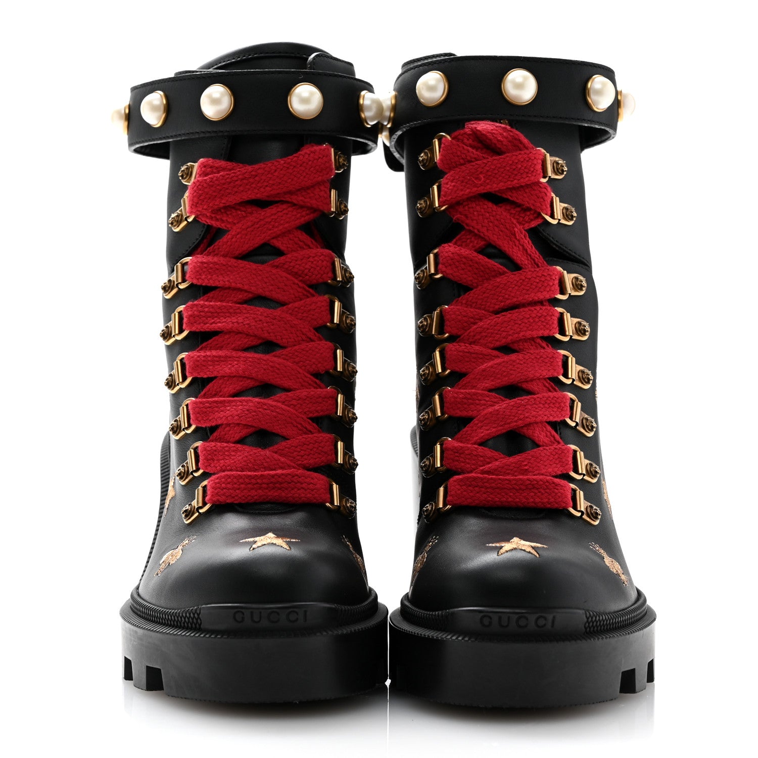 Gucci Calfskin Embroidered Lace Up Combat Ankle Boots 37 Black 3 of 11