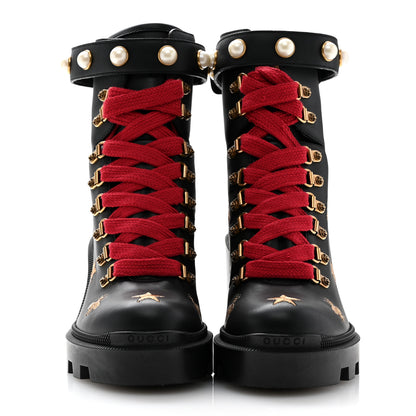 Gucci Calfskin Embroidered Lace Up Combat Ankle Boots 37 Black 3 of 11