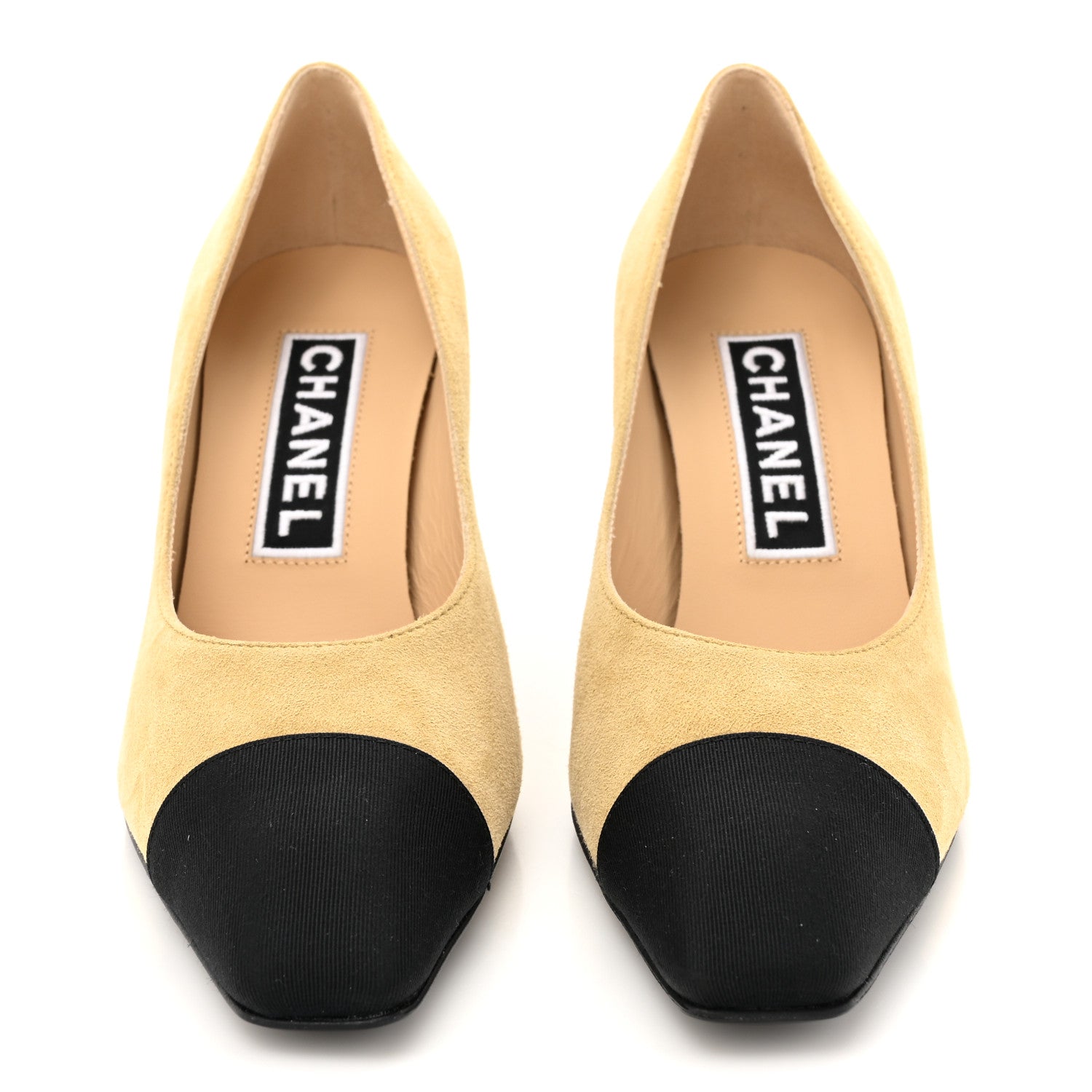 Chanel Suede Grosgrain Cap Toe CC Pumps 36 Beige Black 3 of 11