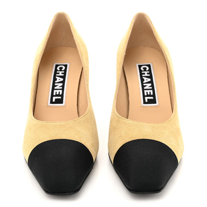 Chanel Suede Grosgrain Cap Toe CC Pumps 36 Beige Black 3 of 11