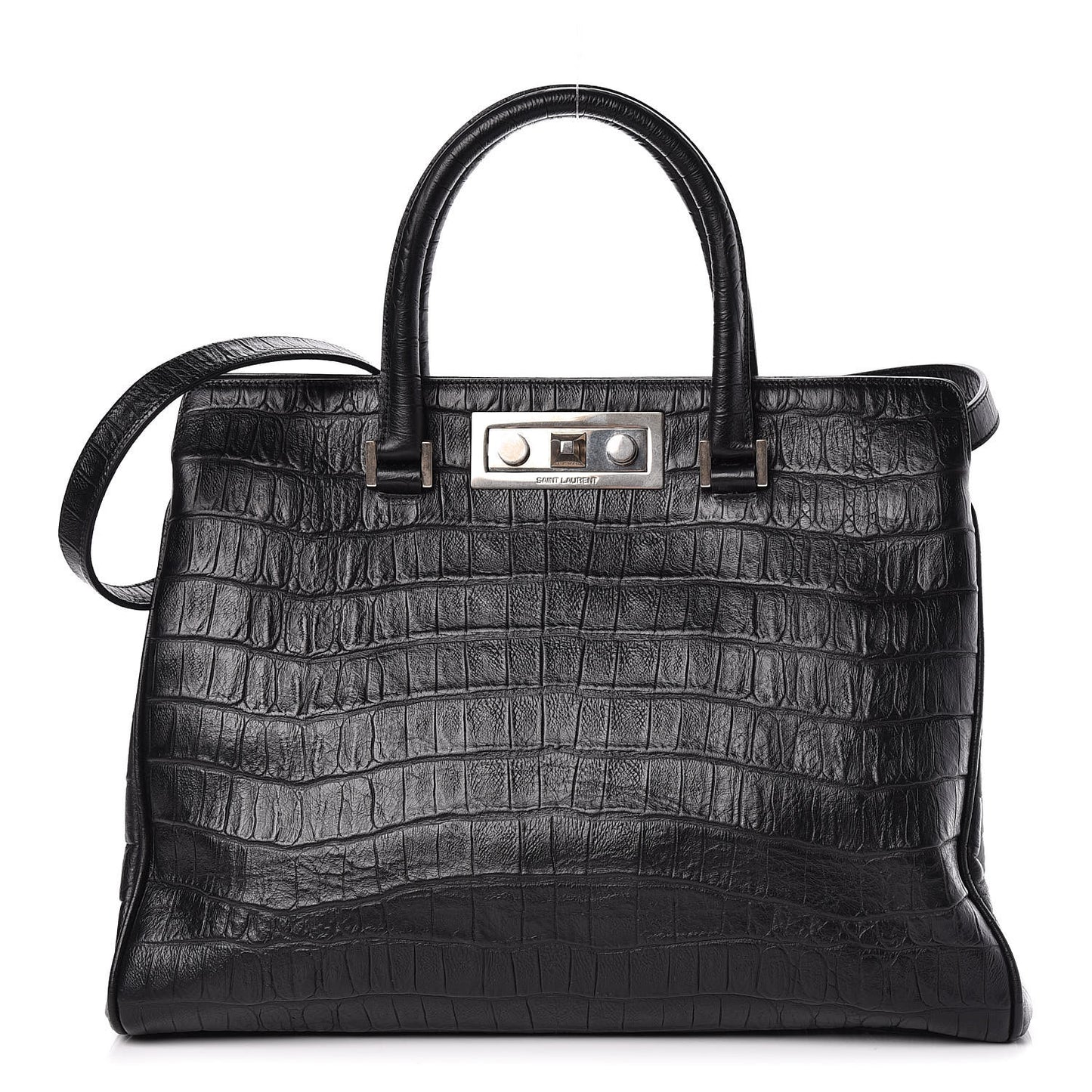 Calfskin Crocodile Embossed Medium Trois Class Tote Black