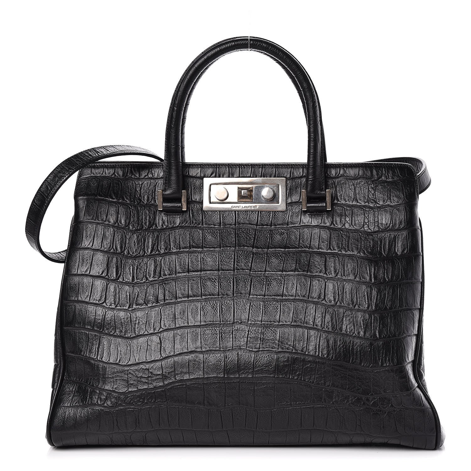 Saint Laurent Calfskin Crocodile Embossed Medium Trois Class Tote Black 1 of 9